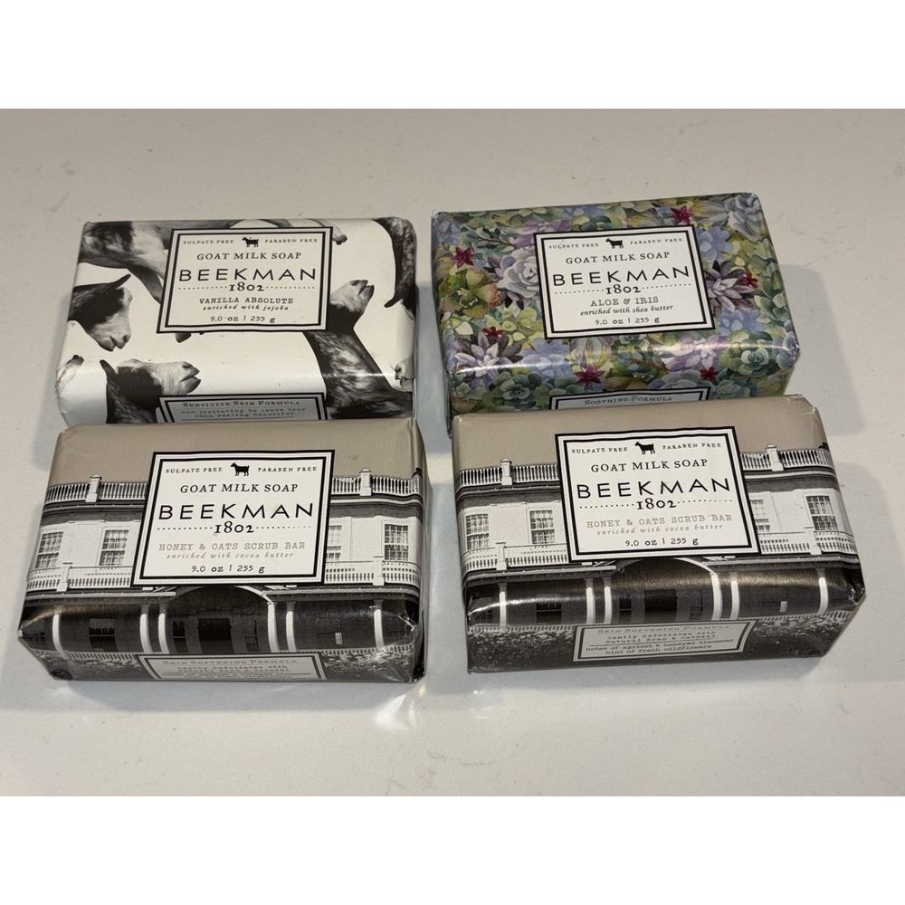 4 NEW Beekman 1802 Goat Milk Soap 9 oz Bars 2 Honey Oats Scrub Bars Aloe Vanilla